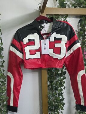 Women's Red Number 23 Cropped Moto Jacket